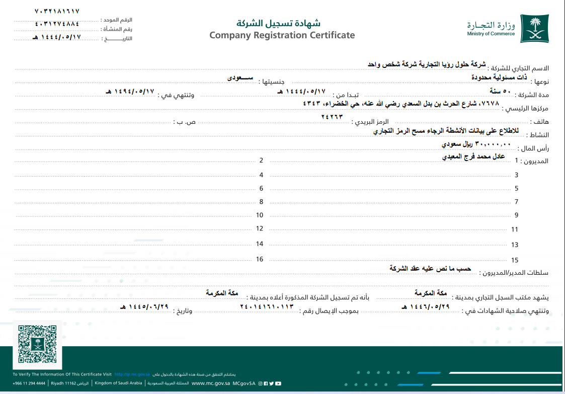 شركة حلول رؤيا التجارية شركة شخص واحد